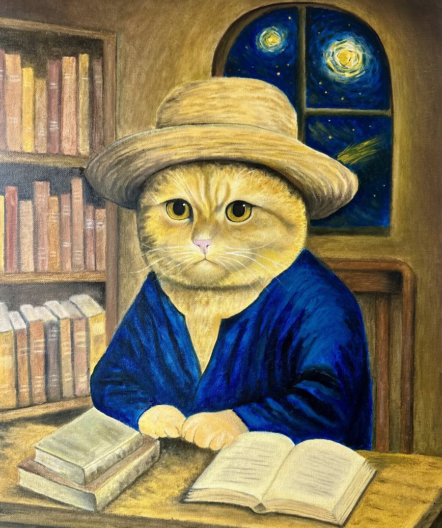 波多：一只戴草帽、穿蓝衫的猫，伏在书桌上读书